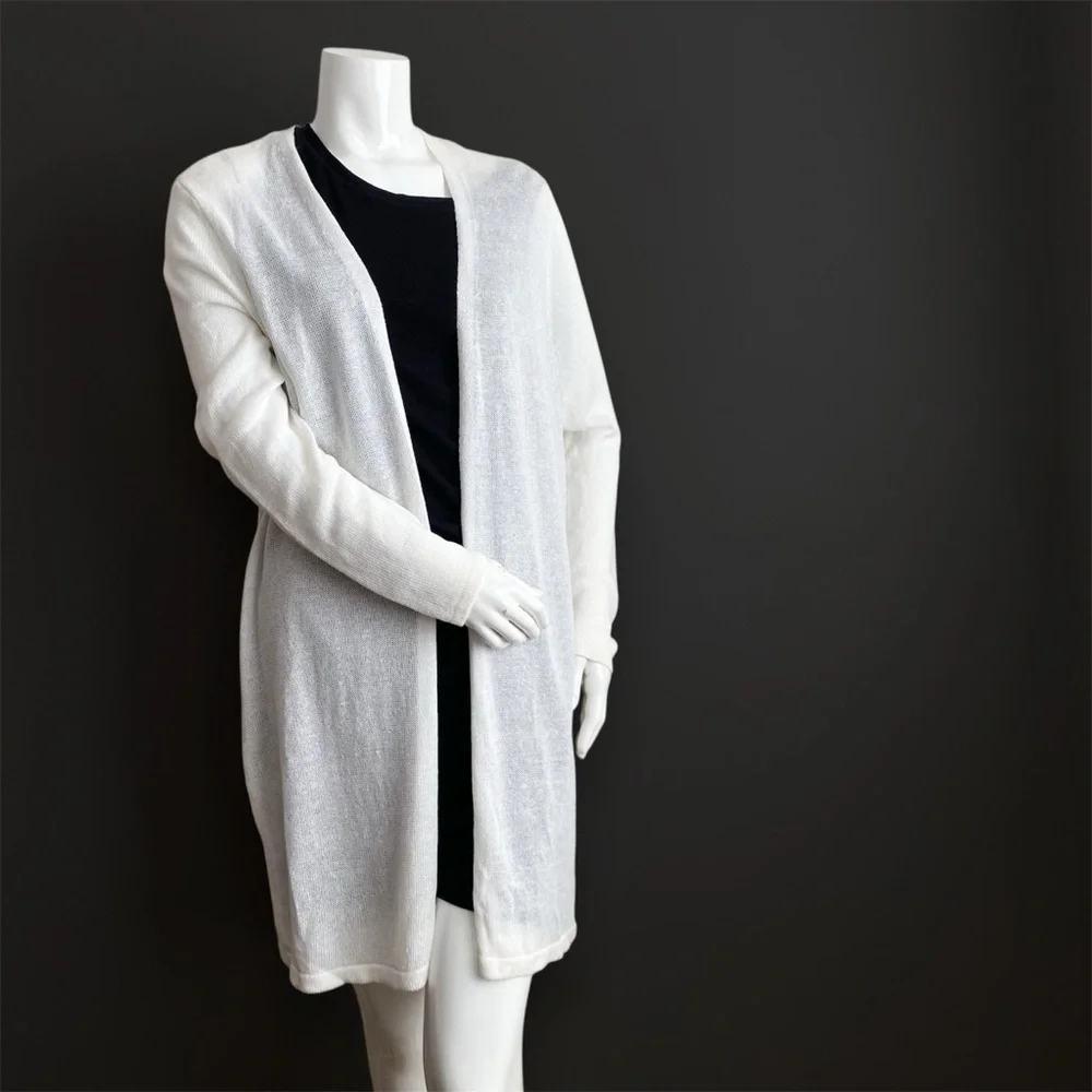 NEW J.Jill Linen White Open Front Long Sweater Knit Cardigan Neutral Coastal L - Picture 6 of 8